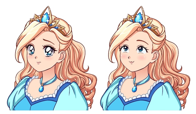 Vector un conjunto de lindas princesas de anime con diferentes expresiones cabello rubio grandes ojos azules vestido azul ilustración de vector de anime retro dibujada a mano se puede usar para pegatinas de avatar, insignias, impresiones, etc.