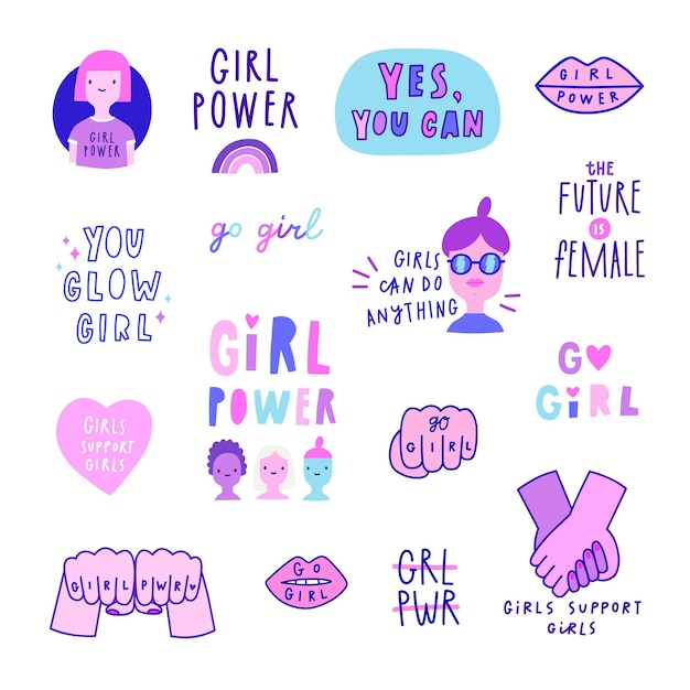 Vector conjunto de lindas señales feministas cita a chicas, etc. ilustración vectorial