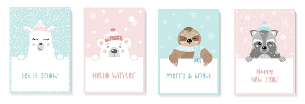 Conjunto de lindas tarjetas de año nuevo con animales. Pereza, llama, mapache, oso