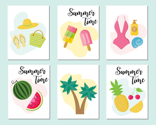 Conjunto de lindas tarjetas y carteles de hola verano con frutas, sandía, helados, cócteles, playa.