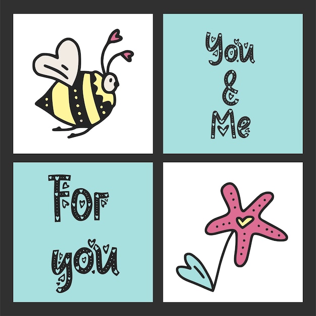 Conjunto de lindas tarjetas vectoriales para el día de san valentín con ilustraciones y mensajes de letras