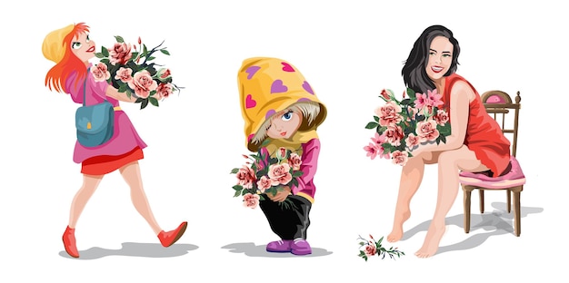 Conjunto con un lindo y alegre chicas sentadas, caminatas de pie y lleva un enorme ramo de flores en las manos. personaje de niña sobre fondo blanco. aislado, ilustración vectorial