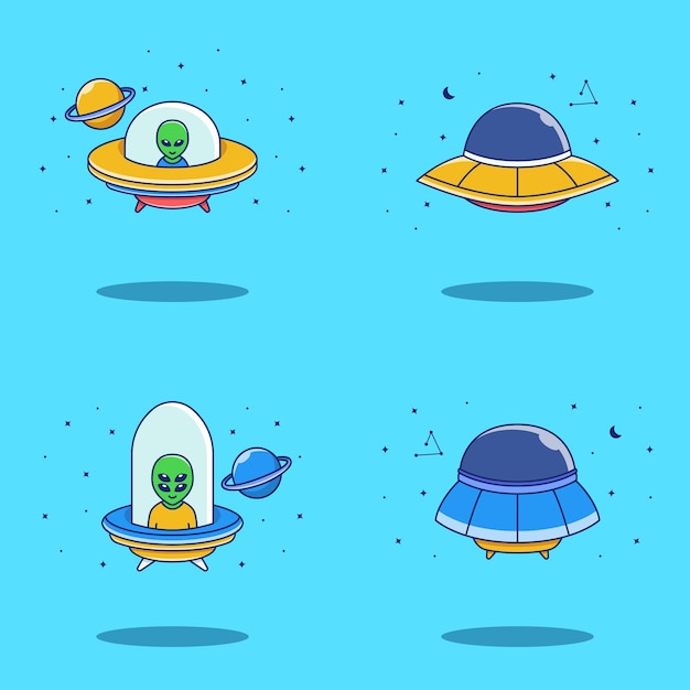 conjunto de lindo alienígena dentro de la ilustración de ovni