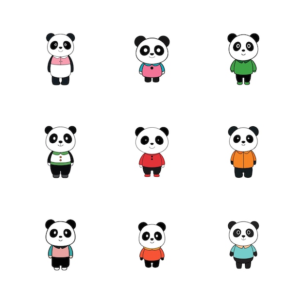 Conjunto de lindo animal panda en la ropa de dibujos animados Ilustración adorable de panda