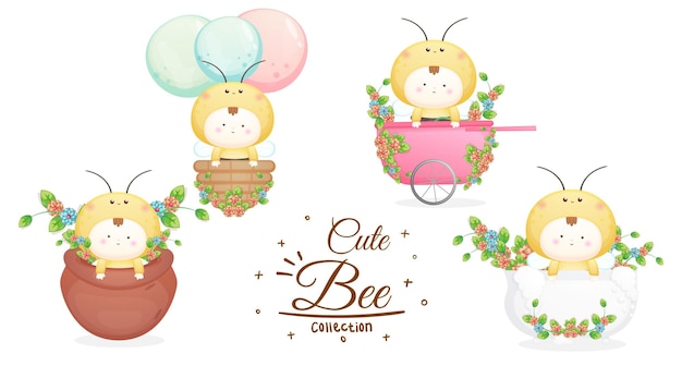 Conjunto de lindo bebé en colección de disfraces de abeja. ilustración de dibujos animados de mascota vector premium