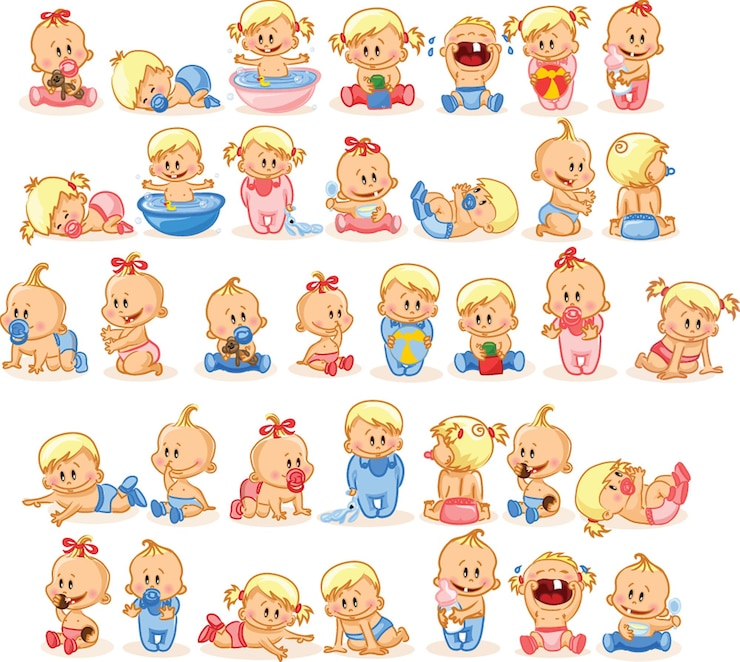 Vector conjunto con un lindo bebé en diferentes situaciones jugando durmiendo sentado mintiendo bebé gateando feliz niño o niña recién nacido sonriente