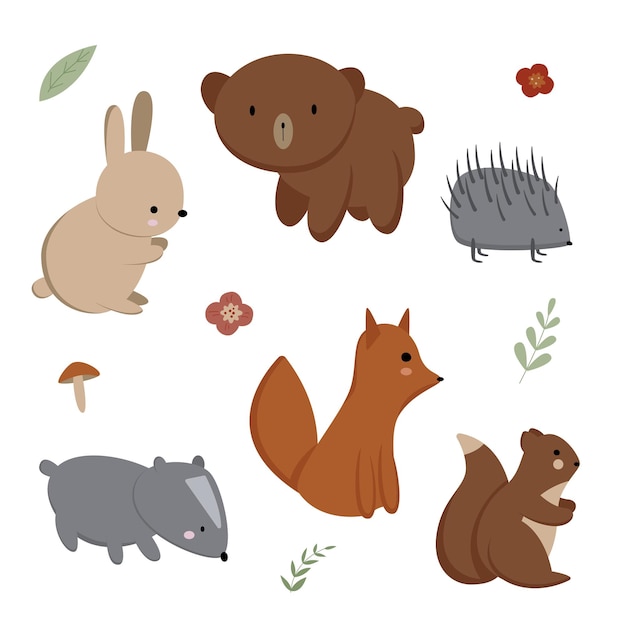 Vector conjunto, de, lindo, bosque, animales, blanco, plano de fondo