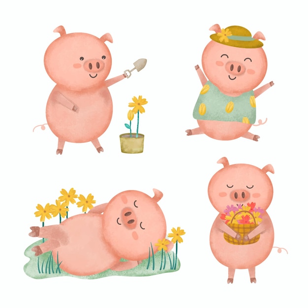 Conjunto de lindo cerdo en varias actividades en el jardín para plantar flores y dormir caricatura animal dibujo acuarela para ilustración de vector de diseñador gráfico