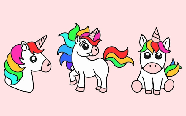 Conjunto de lindo colorido unicornio mágico doodle dibujos animados animal mascota personaje feliz colección ilustración