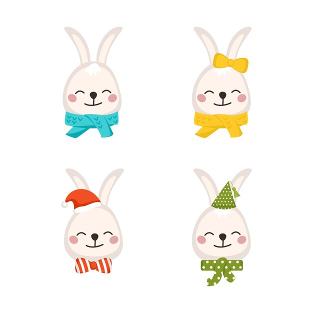 Conjunto de lindo conejo o liebre en estilo infantil con adornos navideños para Navidad y Año Nuevo
