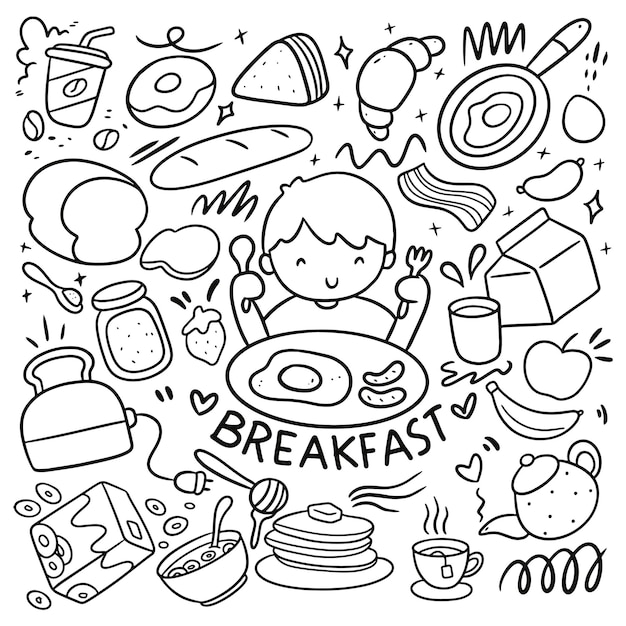 conjunto, de, lindo, desayuno, alimento, garabatos, vector, imágenesprediseñadas