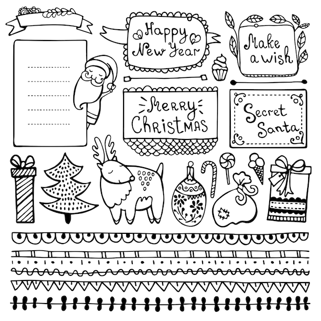 Vector conjunto de lindo dibujado a mano navidad, año nuevo e invierno doodle elementos aislados