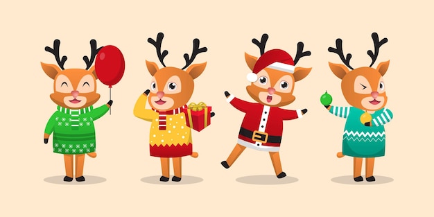 Conjunto de lindo diseño de personajes de renos de dibujos animados felices y divertidos para la ilustración de vector de Navidad