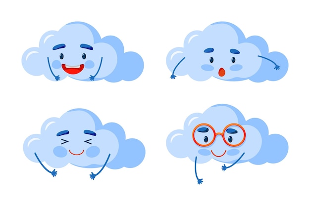 Conjunto de lindo diseño plano de nubes con diferentes estados de ánimo Lindo conjunto de caras fondo de nube kawaii