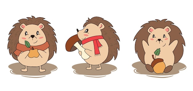 Conjunto de lindo y divertido erizo de otoño aislado sobre fondo blanco en estilo de dibujos animados