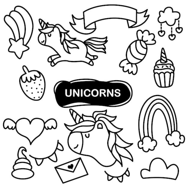 Un conjunto de lindo doodle unicornio ilustración dibujado a mano