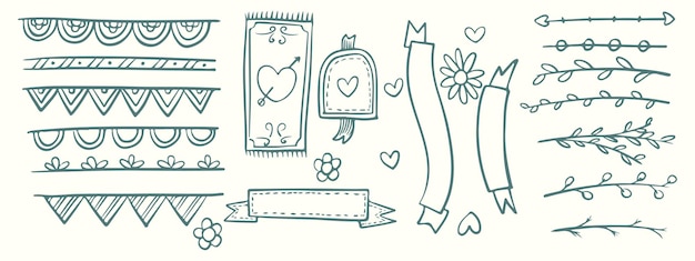 Conjunto de lindo doodle vintage dibujado a mano aislado sobre fondo blanco Elementos decorativos florales Ilustración vectorial hermosos adornos