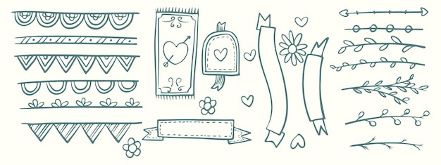 Vector conjunto de lindo doodle vintage dibujado a mano aislado sobre fondo blanco elementos decorativos florales ilustración vectorial hermosos adornos