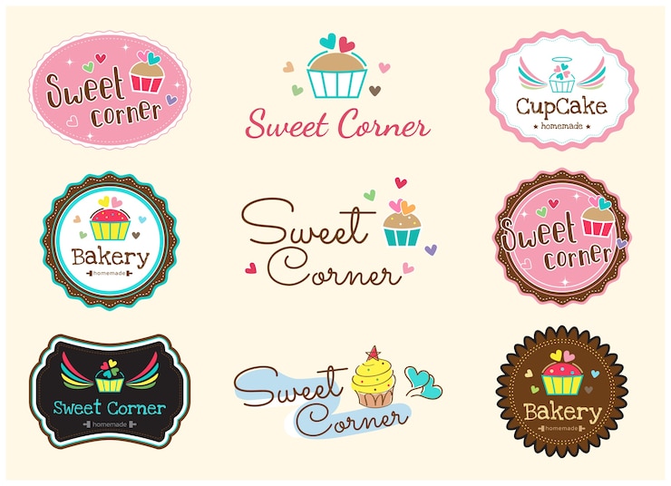 Conjunto de lindo dulce panadería insignia etiqueta y logotipo