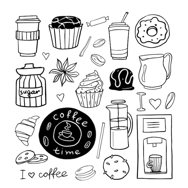 Conjunto lindo de elementos temáticos de café dibujados a mano Ilustración vectorial estilo EPS10 Doodle