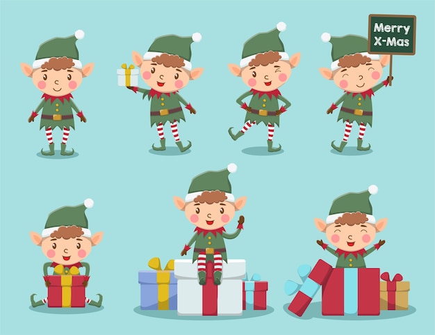 Vector conjunto de lindo elfo navideño haciendo varias expresiones con la ilustración de la caja actual