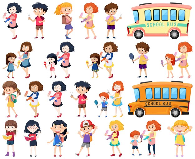 conjunto, de, lindo, escuela, niños, caricatura, caracteres