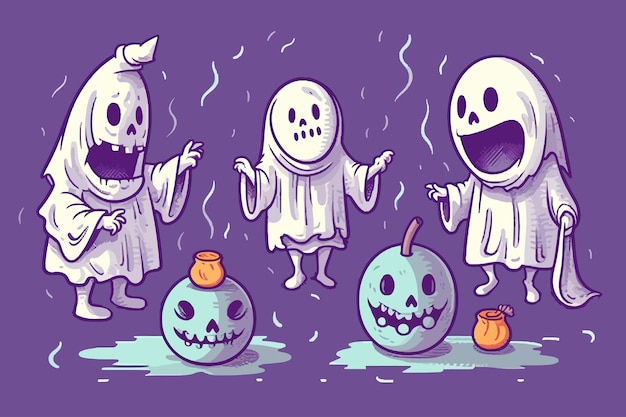 Conjunto de lindo fantasma de Halloween aislado en la ilustración de vector de dibujos animados de fondo