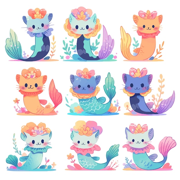 Conjunto de lindo gato sirena dibujos animados dibujo sirena gatito gato dibujos animados animal lindo mascota meowmaid