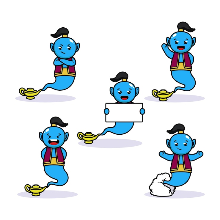 Vector conjunto de lindo genio en la mascota de la botella.