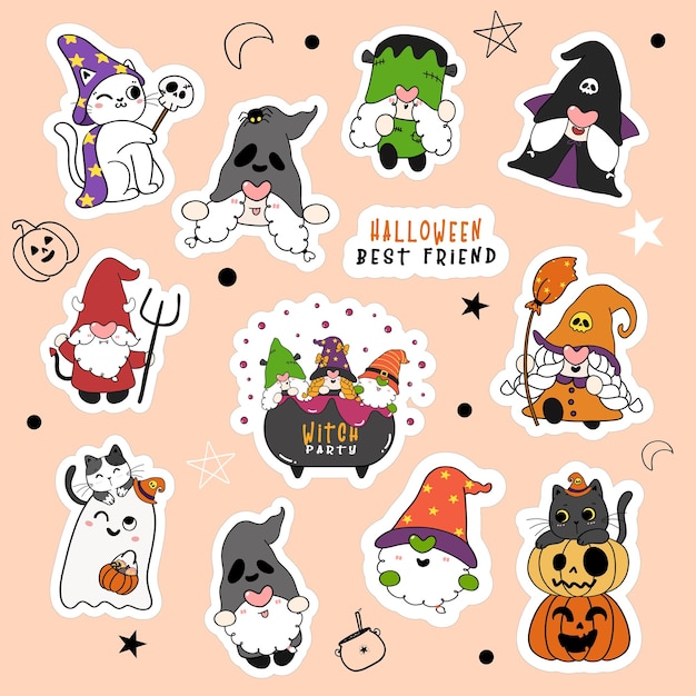 Conjunto de lindo gnomo de halloween y gato en la colección de pegatinas de dibujos animados de fiesta de disfraces.