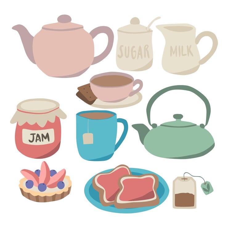 Vector conjunto de lindo juego de té de paleta pastel de diseño plano con bocadillos