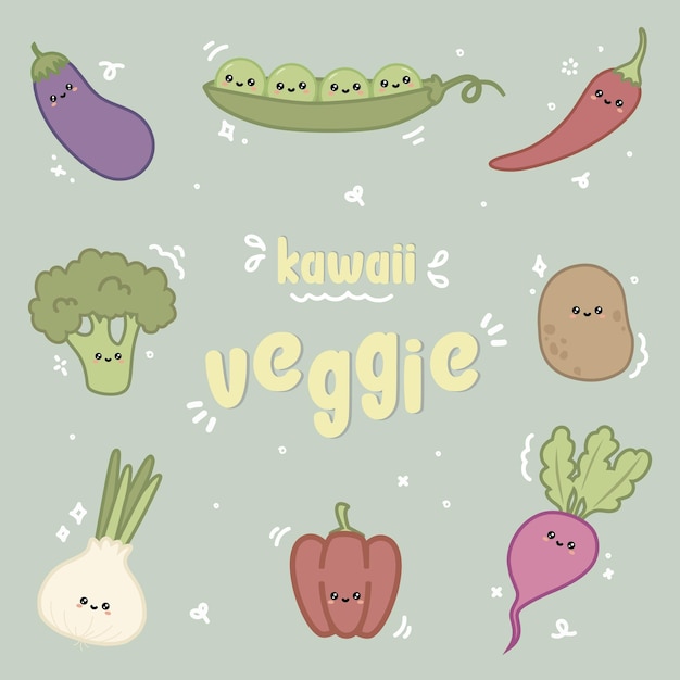 Conjunto lindo kawaii veggie vector ilustración