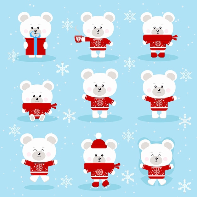 Vector conjunto de lindo oso polar navideño en suéter rojo en diferentes poses