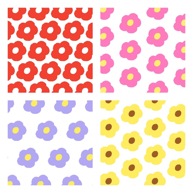 Conjunto de lindo patrón de flores en estilo de dibujos animados Ilustración de vector dibujado a mano