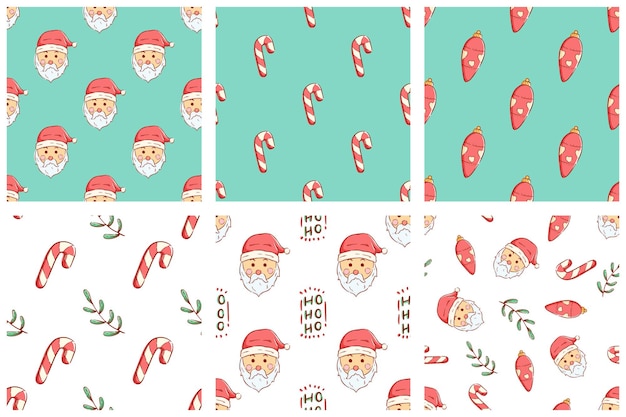 conjunto de lindo patrón de navidad dibujo a mano patrón de navidad con santa candi y luz de navidad