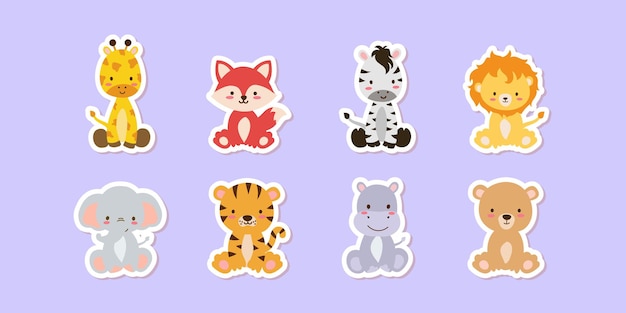 Conjunto lindo de pegatinas de animales de safari Animales de la selva Conjunto vectorial de elementos de pegatina Jirafa león