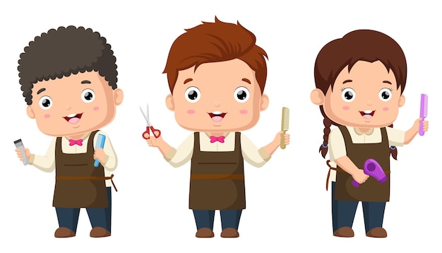 conjunto, de, lindo, peluquero, niño, caricatura