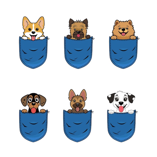 Conjunto de lindo perro de dibujos animados en el bolsillo de los vaqueros aislado Diseño Perro mirando desde el bolsilo Ilustración vectorial