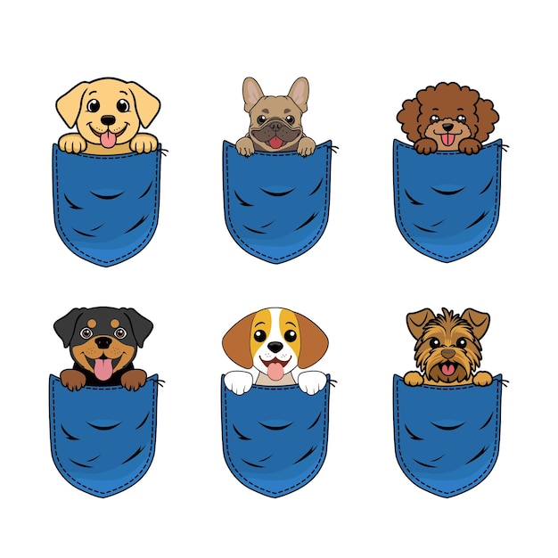 Conjunto de lindo perro de dibujos animados en el bolsillo de los vaqueros aislado Diseño Perro mirando desde el bolsilo Ilustración vectorial