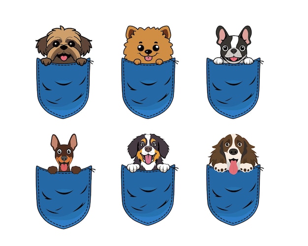 Conjunto de lindo perro de dibujos animados en el bolsillo de los vaqueros aislado Diseño Perro mirando desde el bolsilo Ilustración vectorial