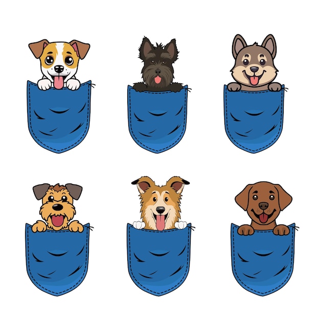 Conjunto de lindo perro de dibujos animados en el bolsillo de los vaqueros aislado Diseño Perro mirando desde el bolsilo Ilustración vectorial