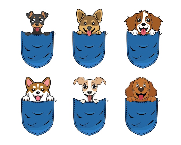 Conjunto de lindo perro de dibujos animados en el bolsillo de los vaqueros aislado Diseño Perro mirando desde el bolsilo Ilustración vectorial