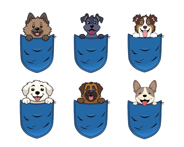 Conjunto de lindo perro de dibujos animados en el bolsillo de los vaqueros aislado Diseño Perro mirando desde el bolsilo Ilustración vectorial