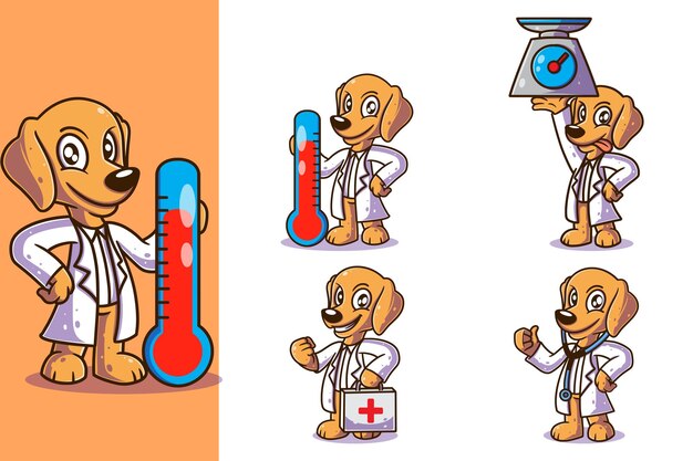 Conjunto, de, lindo, perro, doctor, vector, ilustraciones