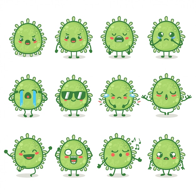 Conjunto de lindo personaje de Corona Virus en diferentes emociones de acción