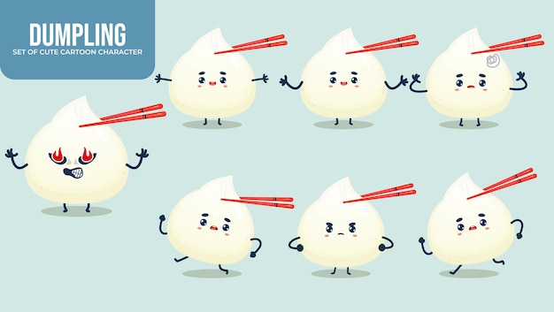 Conjunto de lindo personaje de dibujos animados de bola de masa hervida con diferentes poses Vector Premium