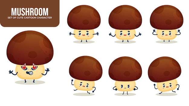 Conjunto de lindo personaje de dibujos animados de hongos con diferentes poses vector premium