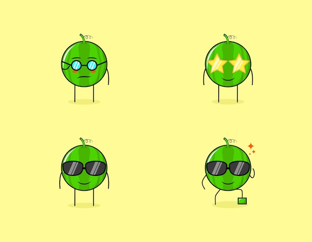 Vector conjunto de lindo personaje de dibujos animados de sandía con expresión seria, sonrisa y gafas