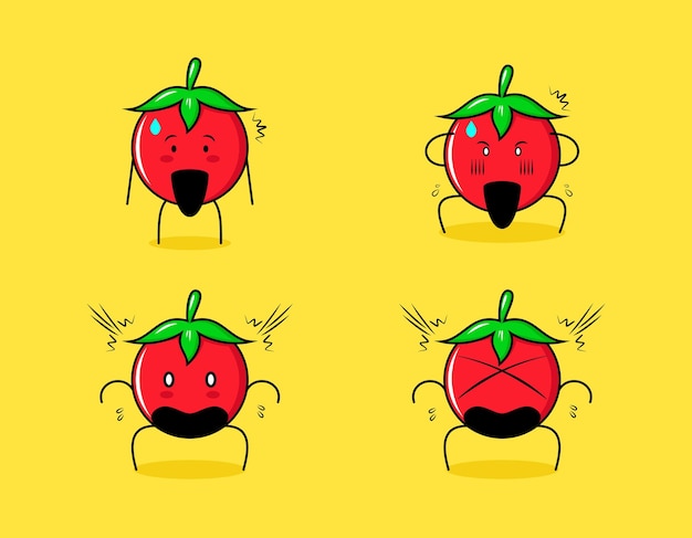 Conjunto de lindo personaje de dibujos animados de tomate con expresiones conmocionadas. uso para emoticonos, logotipos y mascotas