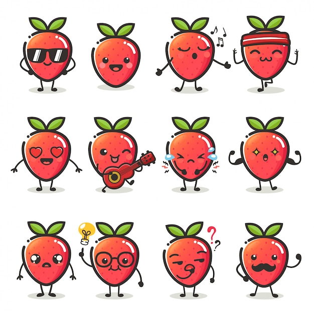 Conjunto de lindo personaje de fresa en diferentes emociones de acción